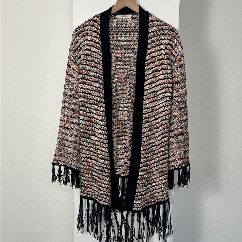 Black Multicolor Knit Fringe Cardigan